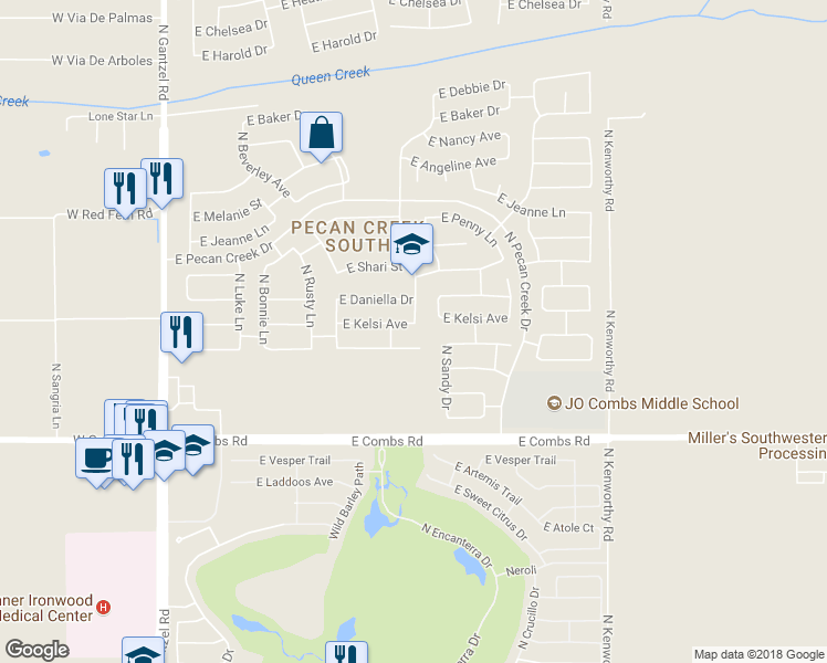 map of restaurants, bars, coffee shops, grocery stores, and more near 1135 East Kelsi Avenue in Queen Creek