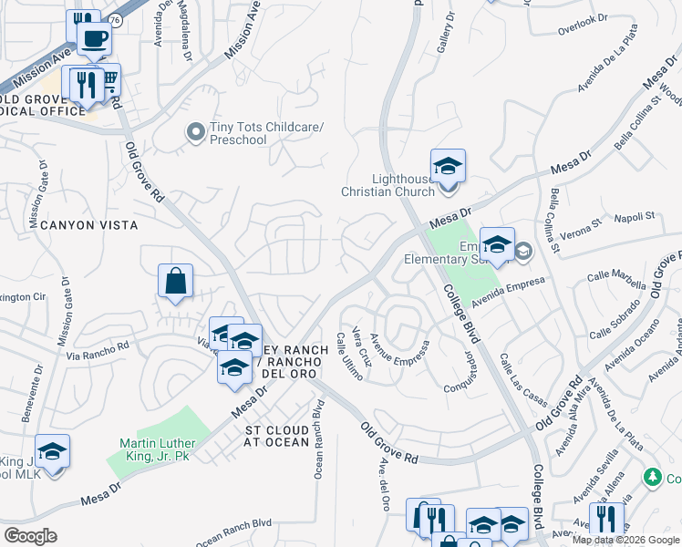 map of restaurants, bars, coffee shops, grocery stores, and more near 1298 El Mercado Way in Oceanside