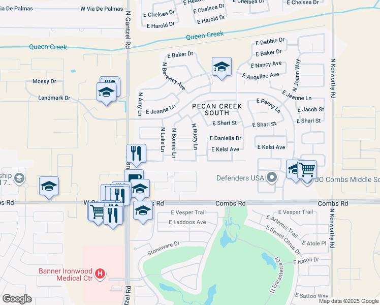 map of restaurants, bars, coffee shops, grocery stores, and more near 733 East Kelsi Avenue in Queen Creek