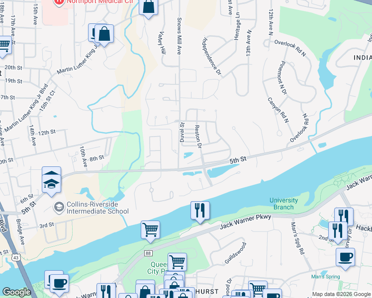 map of restaurants, bars, coffee shops, grocery stores, and more near 1717 Duval Street in Tuscaloosa