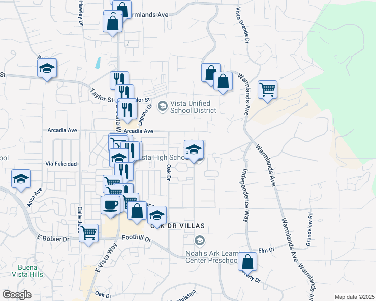 map of restaurants, bars, coffee shops, grocery stores, and more near 1384 Palomar Place in Vista