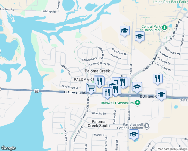 map of restaurants, bars, coffee shops, grocery stores, and more near 1404 Sparrow Lane in Aubrey