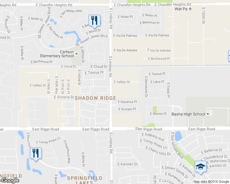 map of restaurants, bars, coffee shops, grocery stores, and more near 24745 South Lindsay Road in Chandler