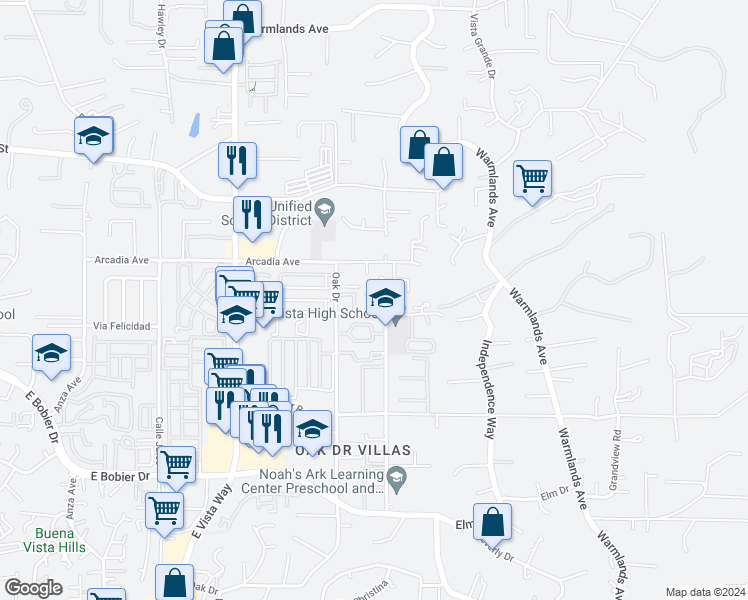 map of restaurants, bars, coffee shops, grocery stores, and more near 1384 Palomar Place in Vista