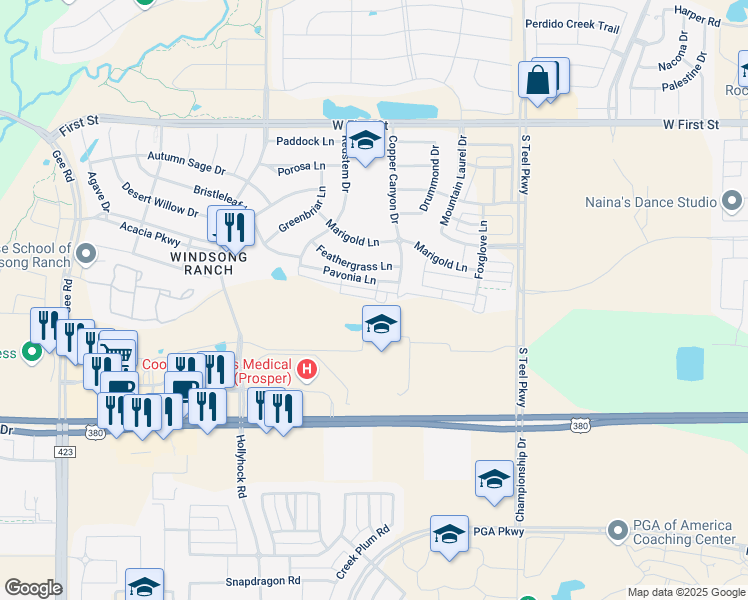 map of restaurants, bars, coffee shops, grocery stores, and more near 4050 Pequin Drive in Prosper