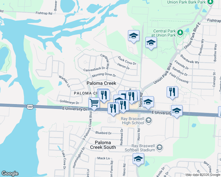 map of restaurants, bars, coffee shops, grocery stores, and more near 1612 Sparrow Lane in Aubrey