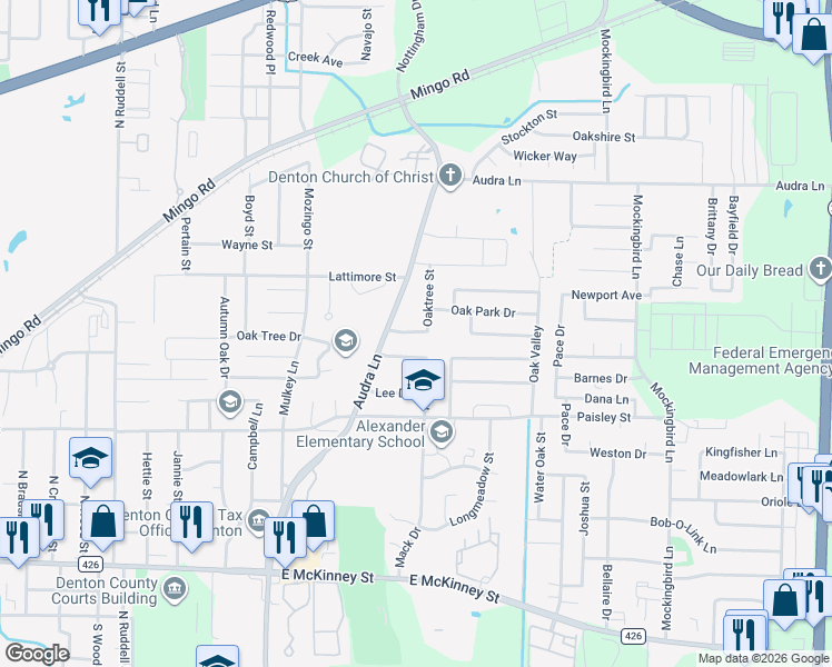 map of restaurants, bars, coffee shops, grocery stores, and more near 1104 Oak Tree Drive in Denton