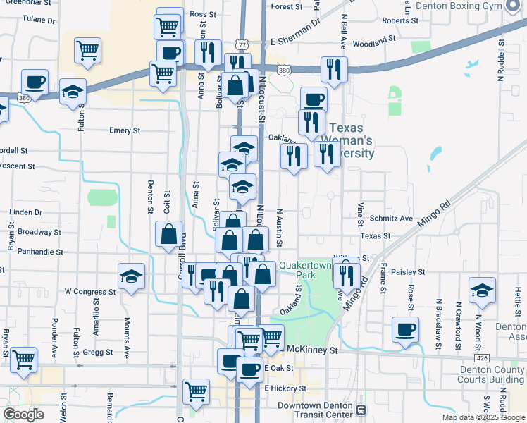 map of restaurants, bars, coffee shops, grocery stores, and more near 1099 North Locust Street in Denton