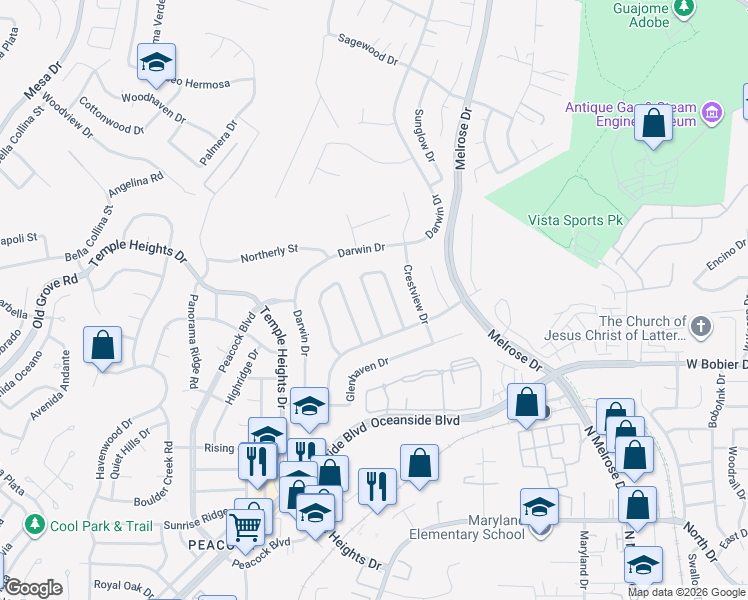 map of restaurants, bars, coffee shops, grocery stores, and more near 1442 Westmore Place in Oceanside