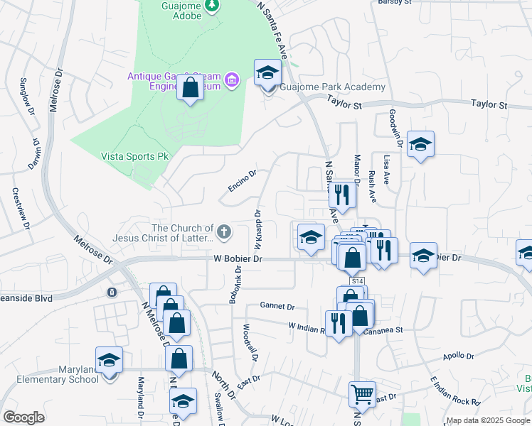 map of restaurants, bars, coffee shops, grocery stores, and more near 1619 West Knapp Drive in Vista