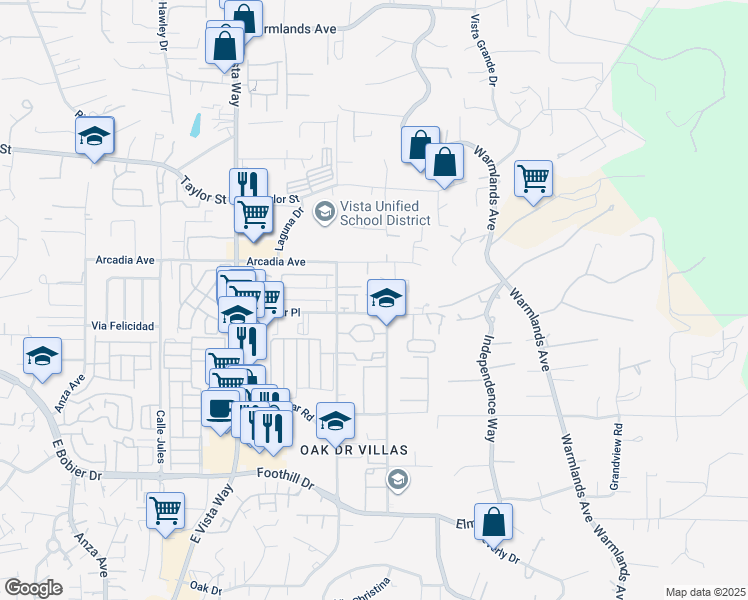 map of restaurants, bars, coffee shops, grocery stores, and more near 1390 Palomar Place in Vista