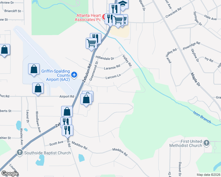 map of restaurants, bars, coffee shops, grocery stores, and more near 101 Elmwood Court in Griffin