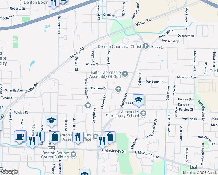 map of restaurants, bars, coffee shops, grocery stores, and more near 1803 Oak Tree Drive in Denton