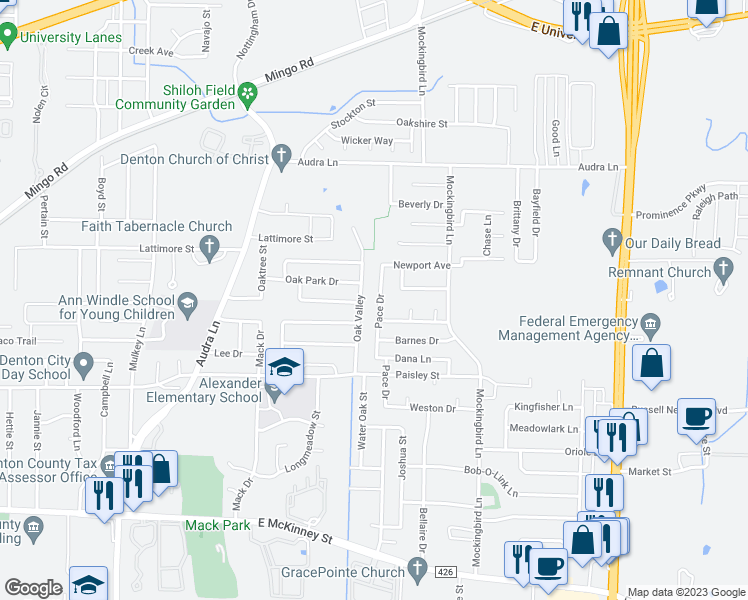 map of restaurants, bars, coffee shops, grocery stores, and more near 717 Pace Drive in Denton