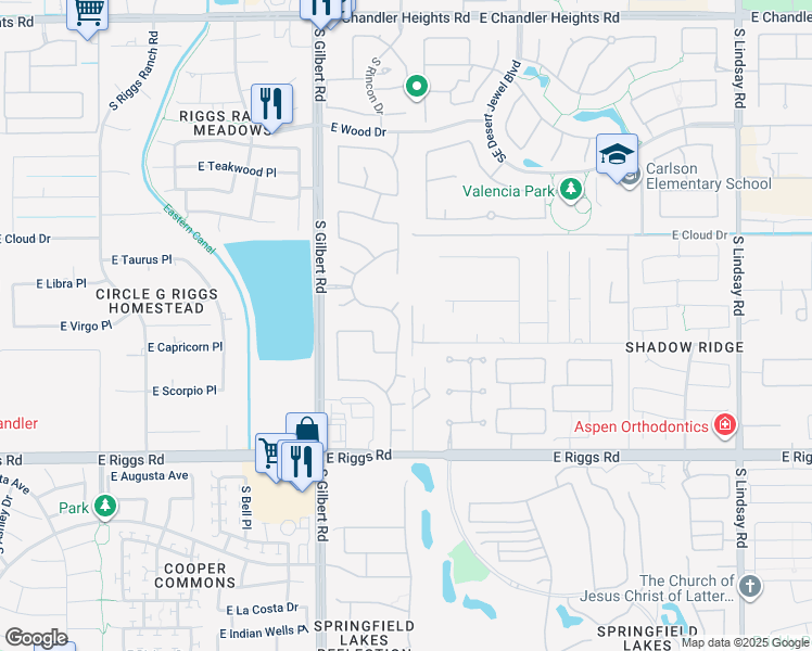 map of restaurants, bars, coffee shops, grocery stores, and more near 5701 South Mesquite Grove Way in Chandler