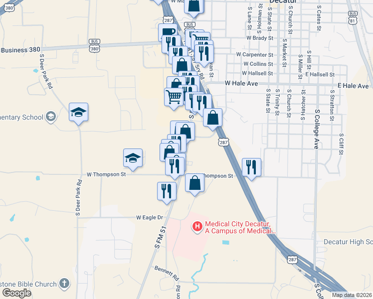 map of restaurants, bars, coffee shops, grocery stores, and more near Farm to Market 51 in Decatur