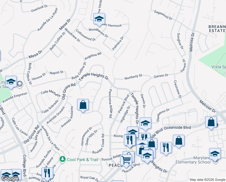 map of restaurants, bars, coffee shops, grocery stores, and more near 1378 Panorama Ridge Road in Oceanside