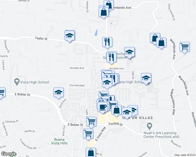 map of restaurants, bars, coffee shops, grocery stores, and more near 1600 East Vista Way in Vista