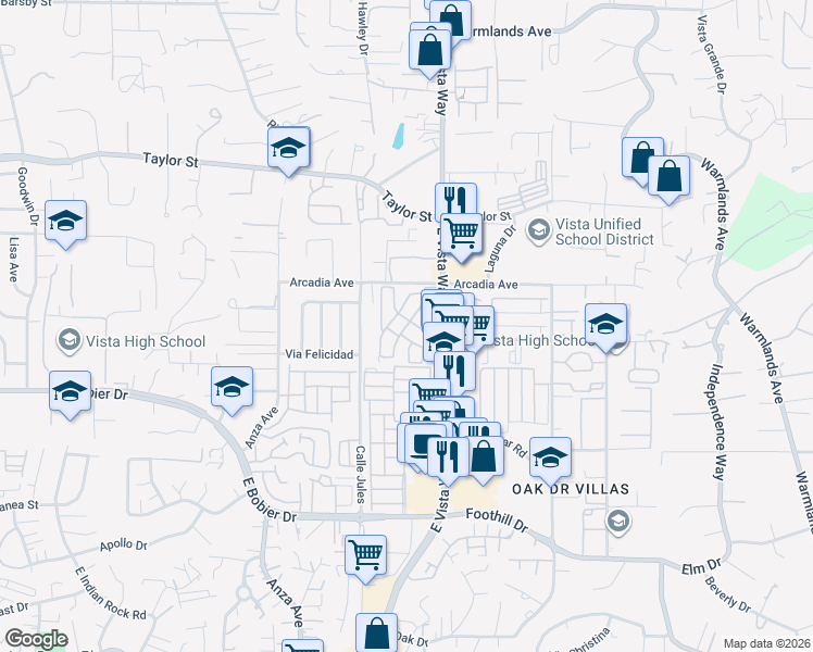 map of restaurants, bars, coffee shops, grocery stores, and more near 1600 East Vista Way in Vista