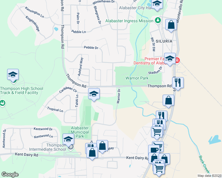 map of restaurants, bars, coffee shops, grocery stores, and more near 1017 Thompson Road in Alabaster