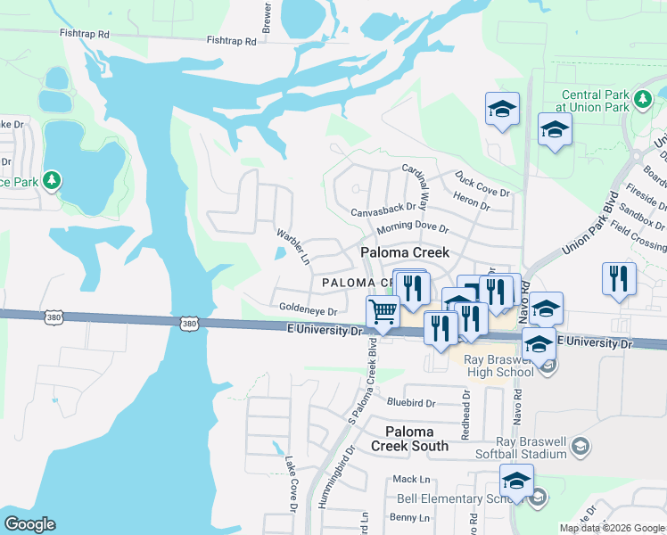 map of restaurants, bars, coffee shops, grocery stores, and more near 1223 Mallard Creek Drive in Aubrey