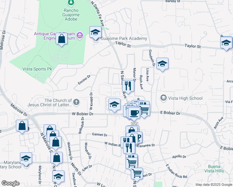 map of restaurants, bars, coffee shops, grocery stores, and more near 1610 North Santa Fe Avenue in Vista