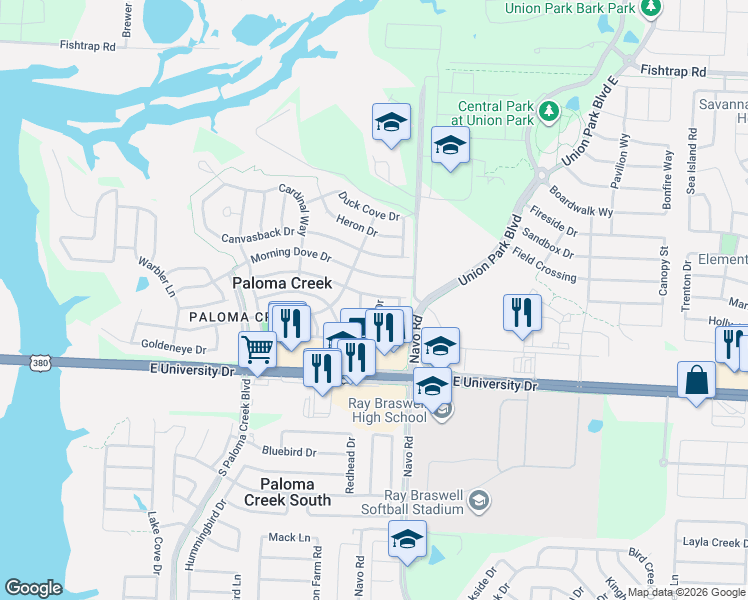 map of restaurants, bars, coffee shops, grocery stores, and more near 817 Lark Drive in Aubrey