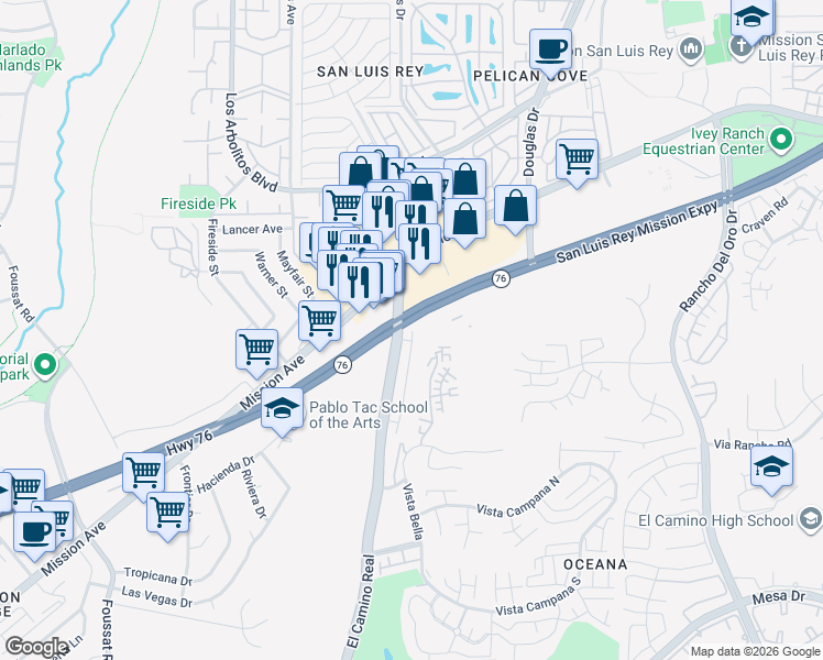map of restaurants, bars, coffee shops, grocery stores, and more near 200 South El Camino Real in Oceanside