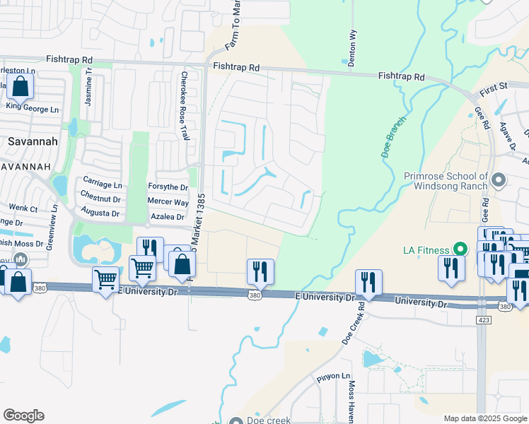 map of restaurants, bars, coffee shops, grocery stores, and more near 5590 Crestwood Drive in Prosper