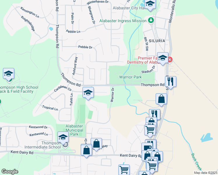 map of restaurants, bars, coffee shops, grocery stores, and more near 1017 Thompson Road in Alabaster