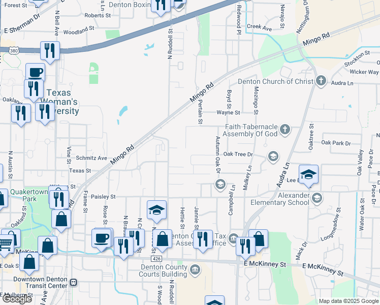 map of restaurants, bars, coffee shops, grocery stores, and more near 1301 Oak Tree Drive in Denton