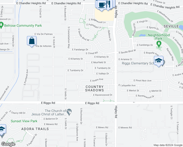 map of restaurants, bars, coffee shops, grocery stores, and more near 6964 South Tucana Lane in Gilbert