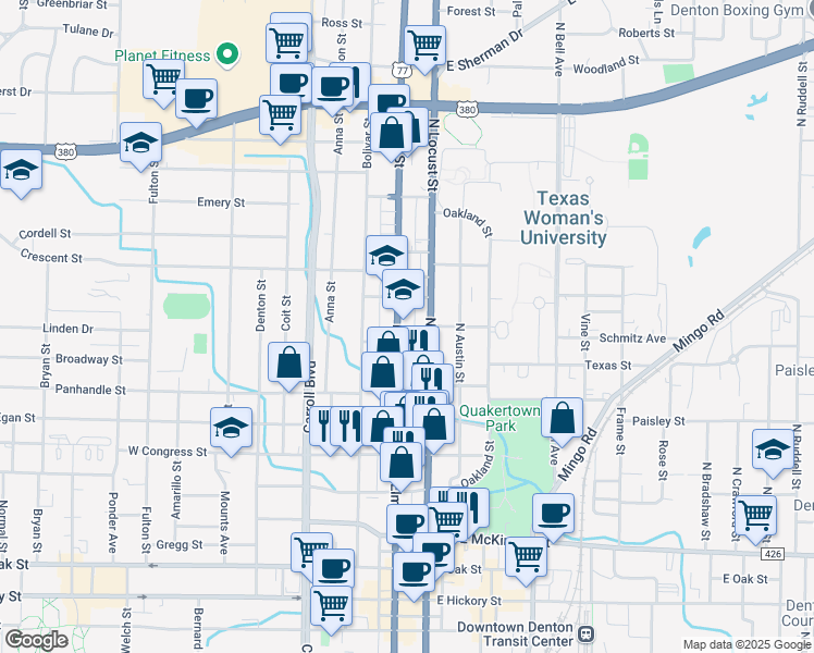 map of restaurants, bars, coffee shops, grocery stores, and more near 1099 North Locust Street in Denton