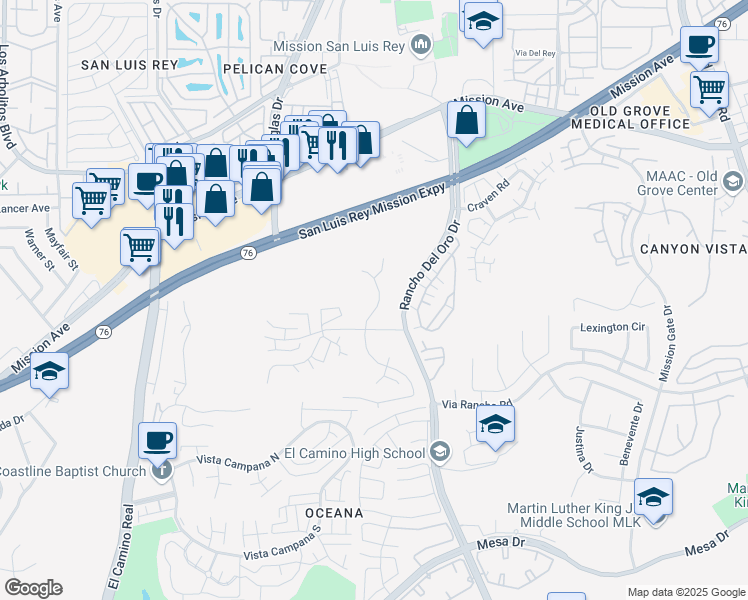 map of restaurants, bars, coffee shops, grocery stores, and more near 283 San Dimas Avenue in Oceanside