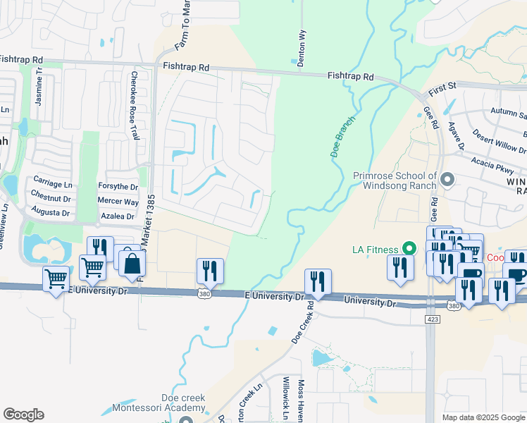 map of restaurants, bars, coffee shops, grocery stores, and more near 1121 Oakbrook Street in Prosper