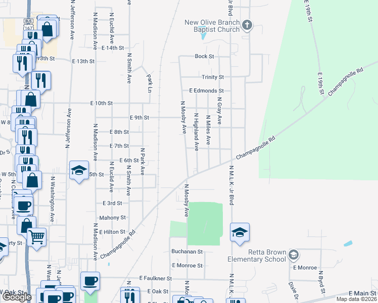 map of restaurants, bars, coffee shops, grocery stores, and more near 1137 North Mosby Avenue in El Dorado
