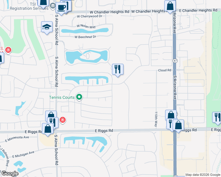 map of restaurants, bars, coffee shops, grocery stores, and more near 10718 East Voax Drive in Sun Lakes