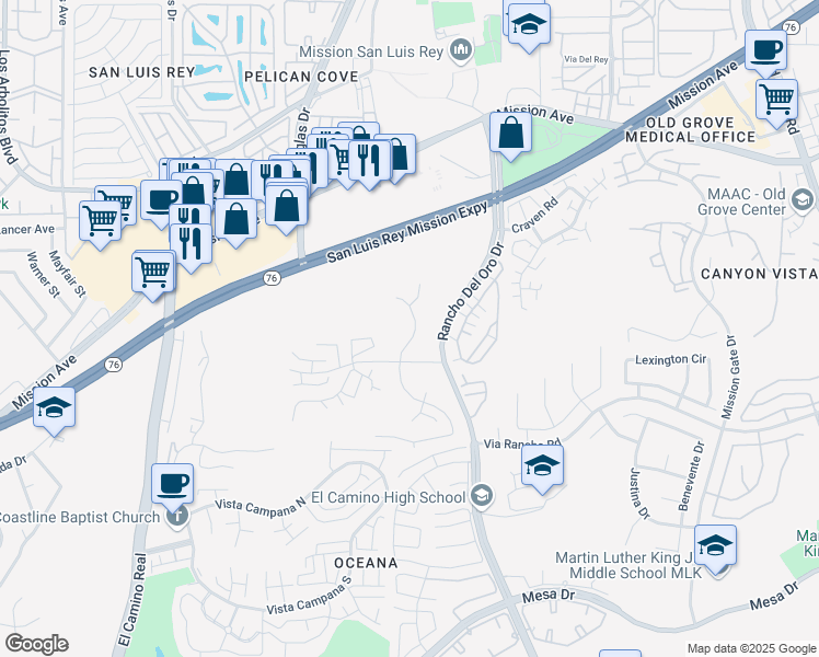 map of restaurants, bars, coffee shops, grocery stores, and more near 263 San Dimas Avenue in Oceanside