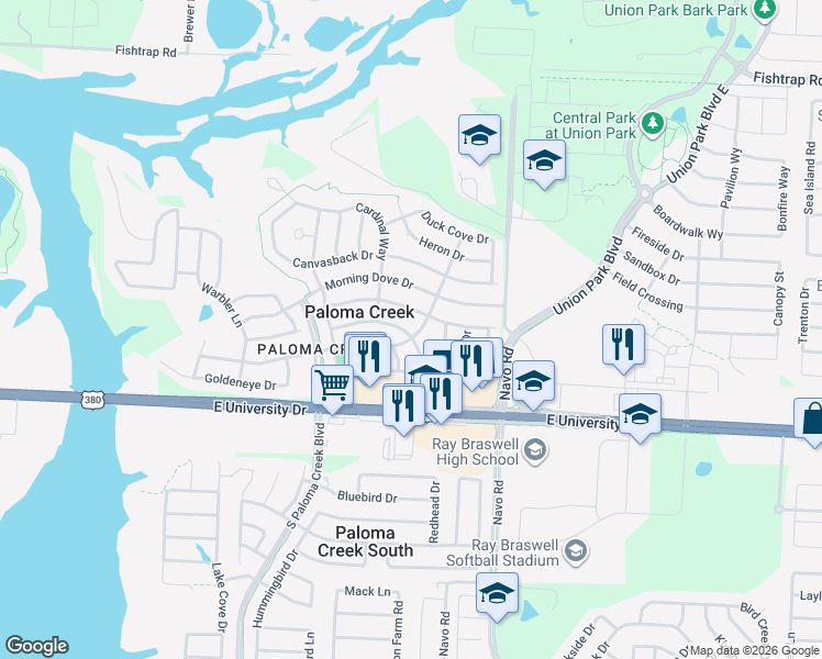 map of restaurants, bars, coffee shops, grocery stores, and more near 1601 Mockingbird Drive in Aubrey