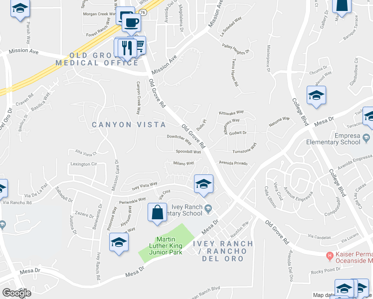 map of restaurants, bars, coffee shops, grocery stores, and more near 4344 Spoonbill Way in Oceanside