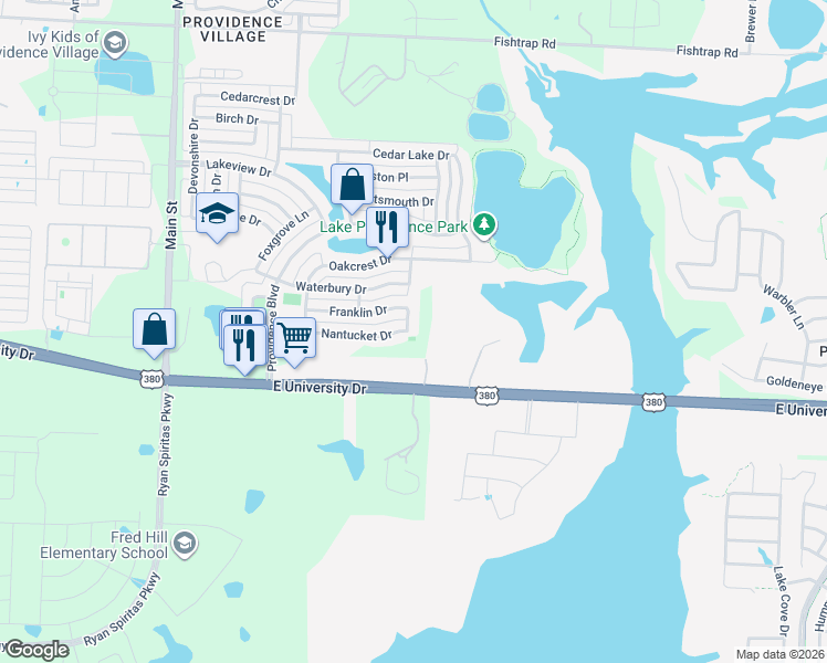 map of restaurants, bars, coffee shops, grocery stores, and more near 800 Vernon Drive in Denton County