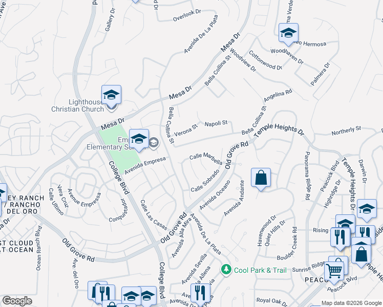 map of restaurants, bars, coffee shops, grocery stores, and more near 1439 Calle Marbella in Oceanside