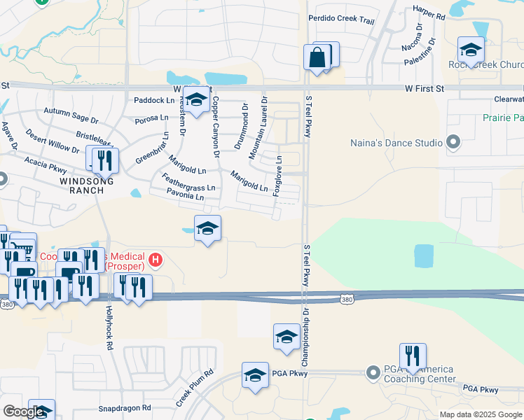 map of restaurants, bars, coffee shops, grocery stores, and more near 3801 Dalea Drive in Prosper