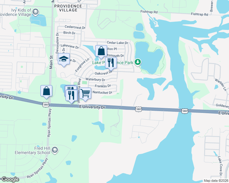 map of restaurants, bars, coffee shops, grocery stores, and more near 800 Vernon Drive in Denton County