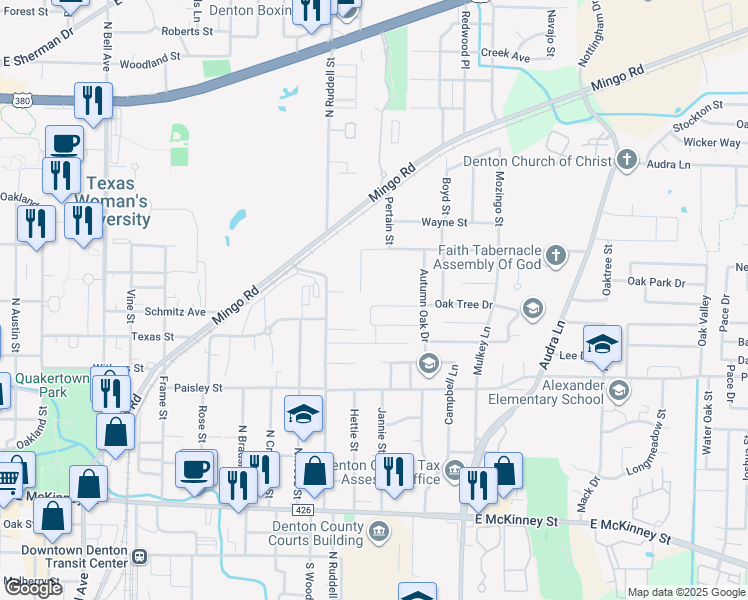 map of restaurants, bars, coffee shops, grocery stores, and more near 1301 Oak Tree Drive in Denton