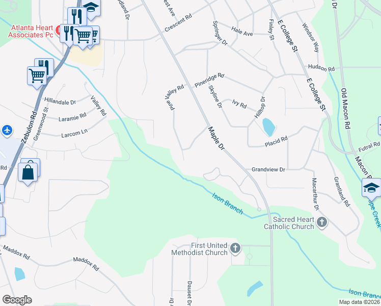 map of restaurants, bars, coffee shops, grocery stores, and more near 1139 Pine Valley Road in Griffin