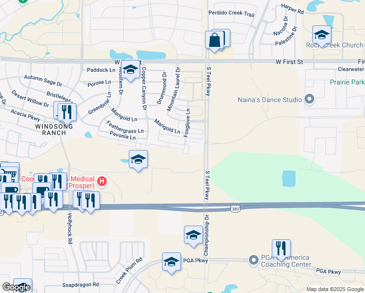 map of restaurants, bars, coffee shops, grocery stores, and more near 3801 Dalea Drive in Prosper