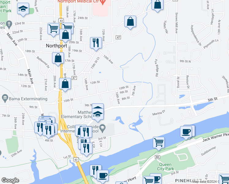 map of restaurants, bars, coffee shops, grocery stores, and more near 1005 10th Street in Northport