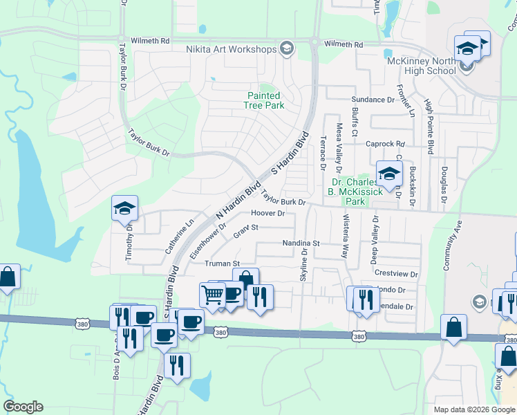 map of restaurants, bars, coffee shops, grocery stores, and more near 3300 Hoover Drive in McKinney