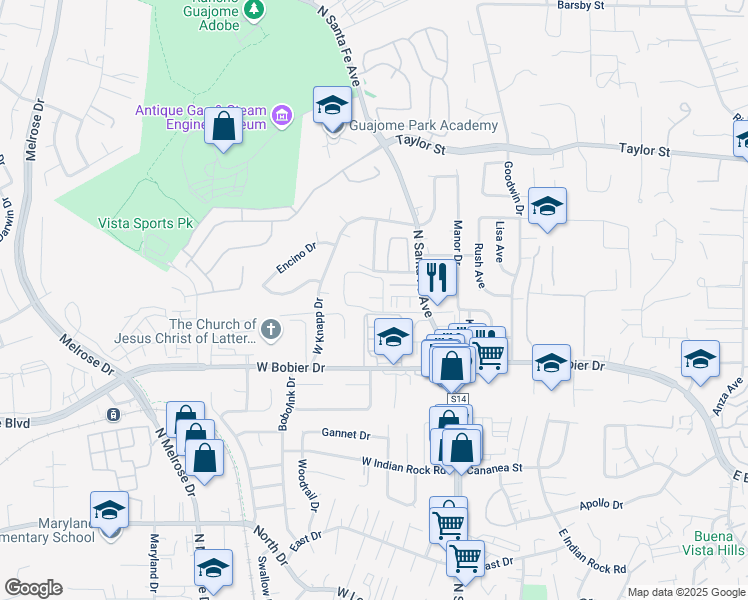 map of restaurants, bars, coffee shops, grocery stores, and more near 221 Weston Circle in Vista
